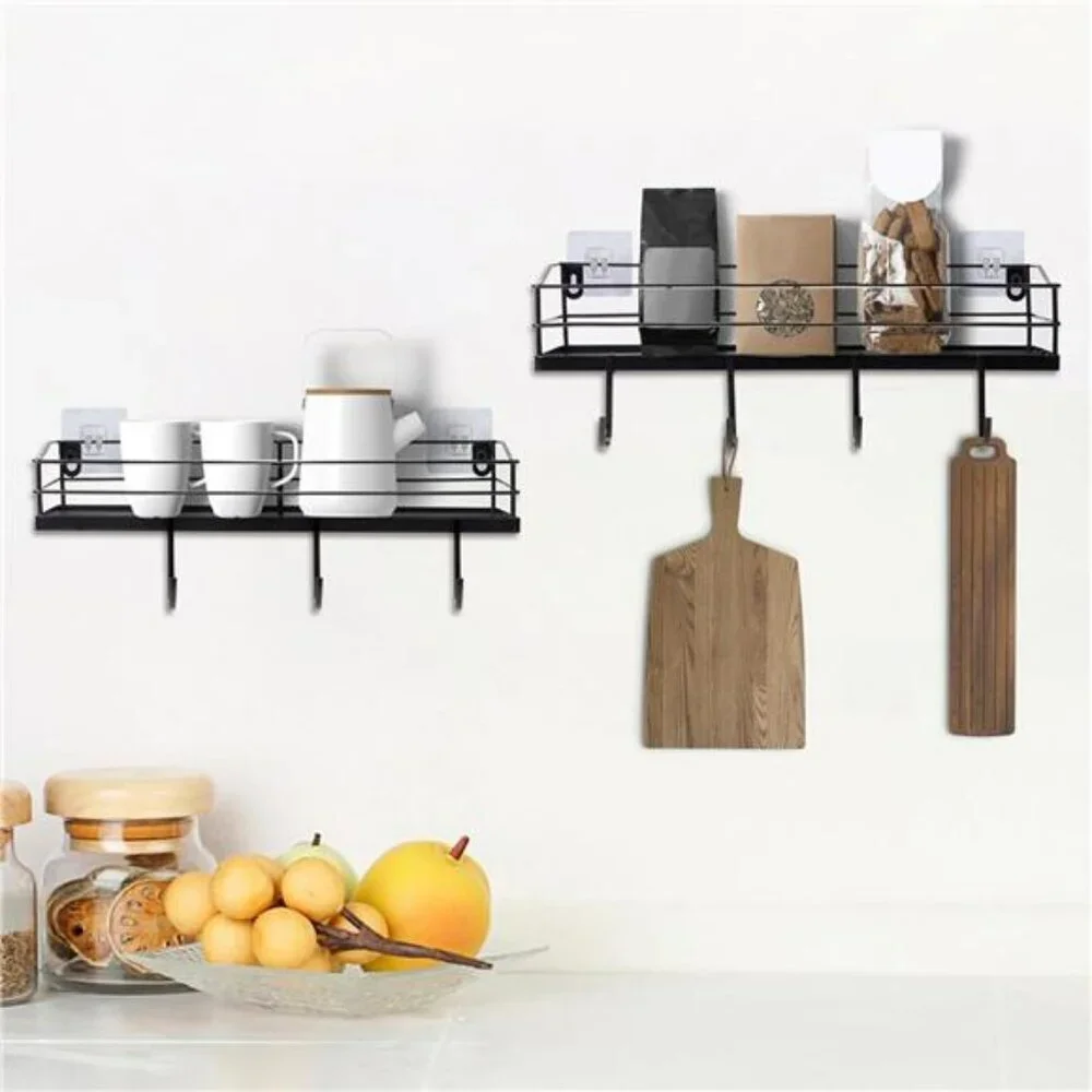 Black Floating Wall Shelves Set of 2 with Hooks Bathroom Kitchen Storage Rack